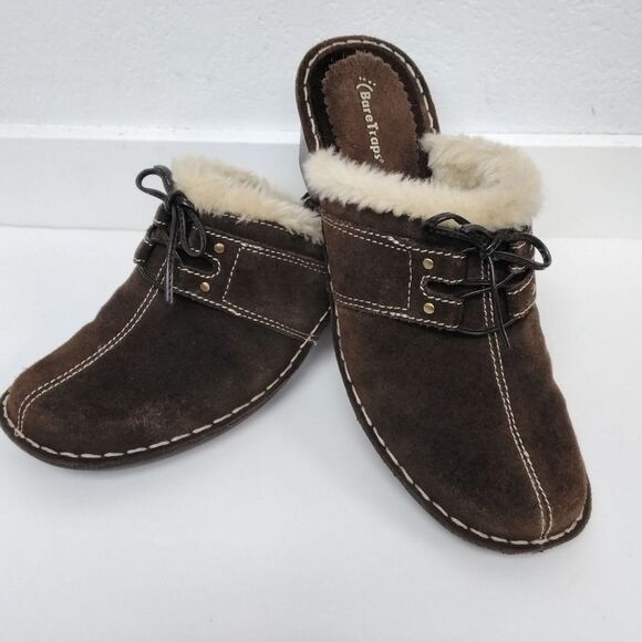 Bare Traps Decoy Clogs Mules Brown Suede Faux Fur Trim Block Heel  8.5M - Picture 3 of 9